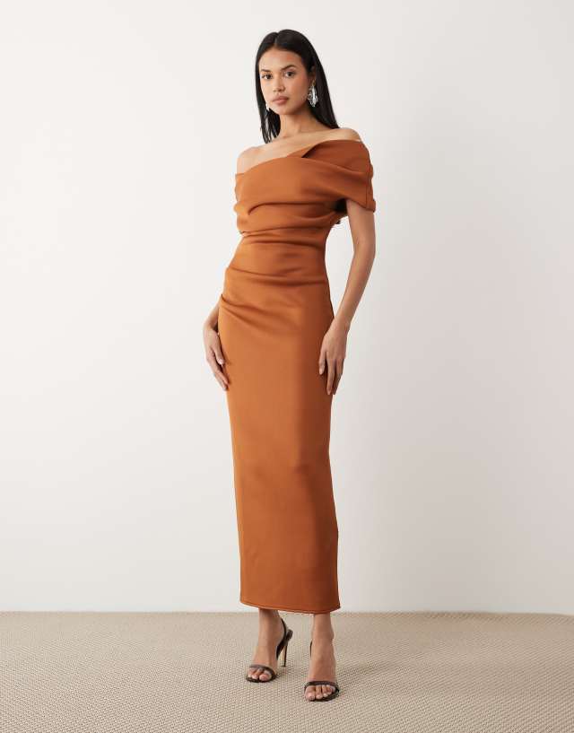 ASOS DESIGN off the shoulder midaxi dress with slit in brown scuba-style fabric