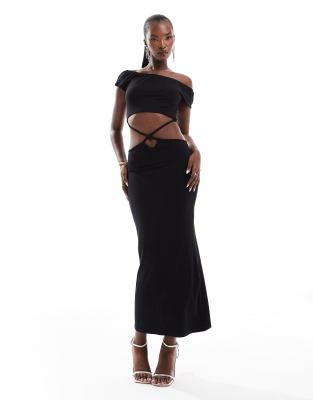 Asos Design Off The Shoulder Midi Dress With Cross Strap Detailing And Back Tie In Black