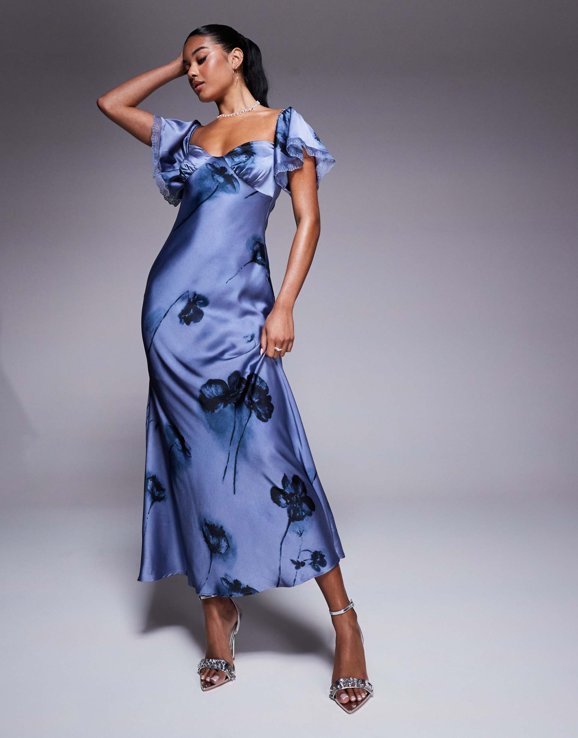 asos design off the shoulder midi dress with lace inserts in floral print