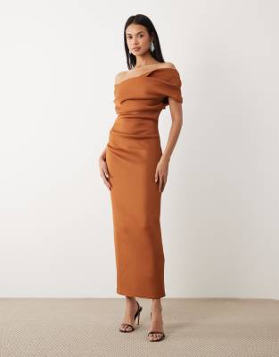 Asos Design Off The Shoulder Midi Dress With Slit In Brown