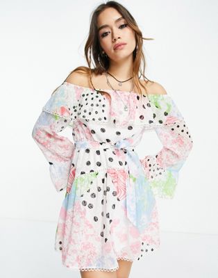 ASOS DESIGN off the shoulder mini dress with lace inserts in patchwork print-Multi