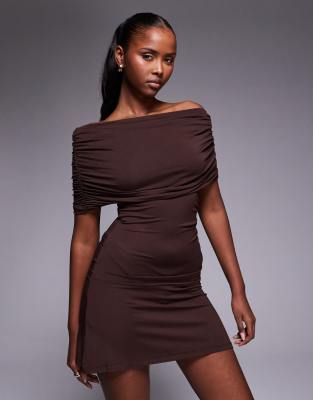 Asos Design Off The Shoulder Mini Dress With Ruched Sides In Brown