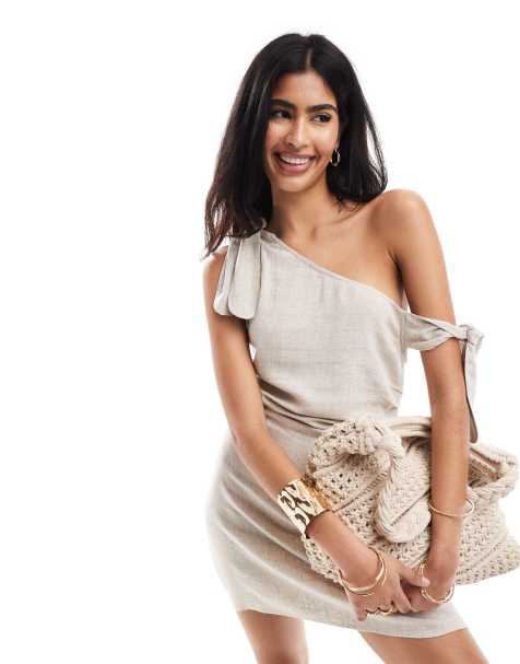ASOS DESIGN off the shoulder mini linen sundress with knot detail in oat