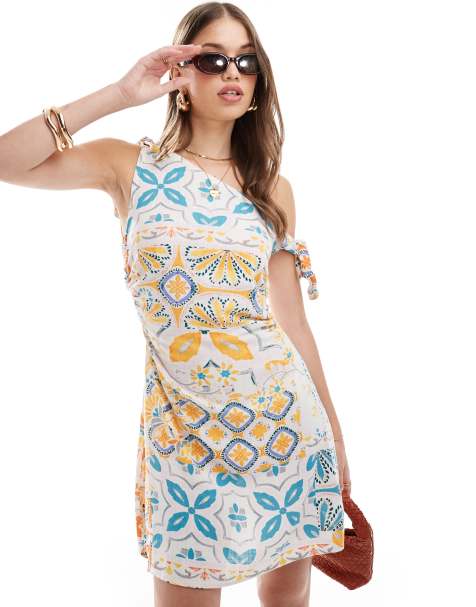 ASOS DESIGN off the shoulder mini linen sundress with knot detail in tile print - view 1