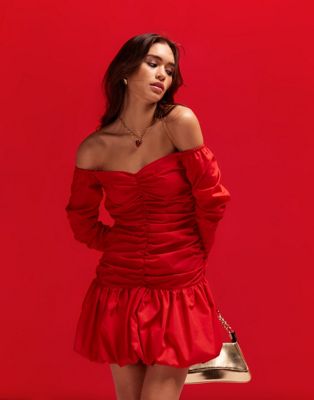 ASOS DESIGN off the shoulder mini ruched bodice dress with puffball skirt in red
