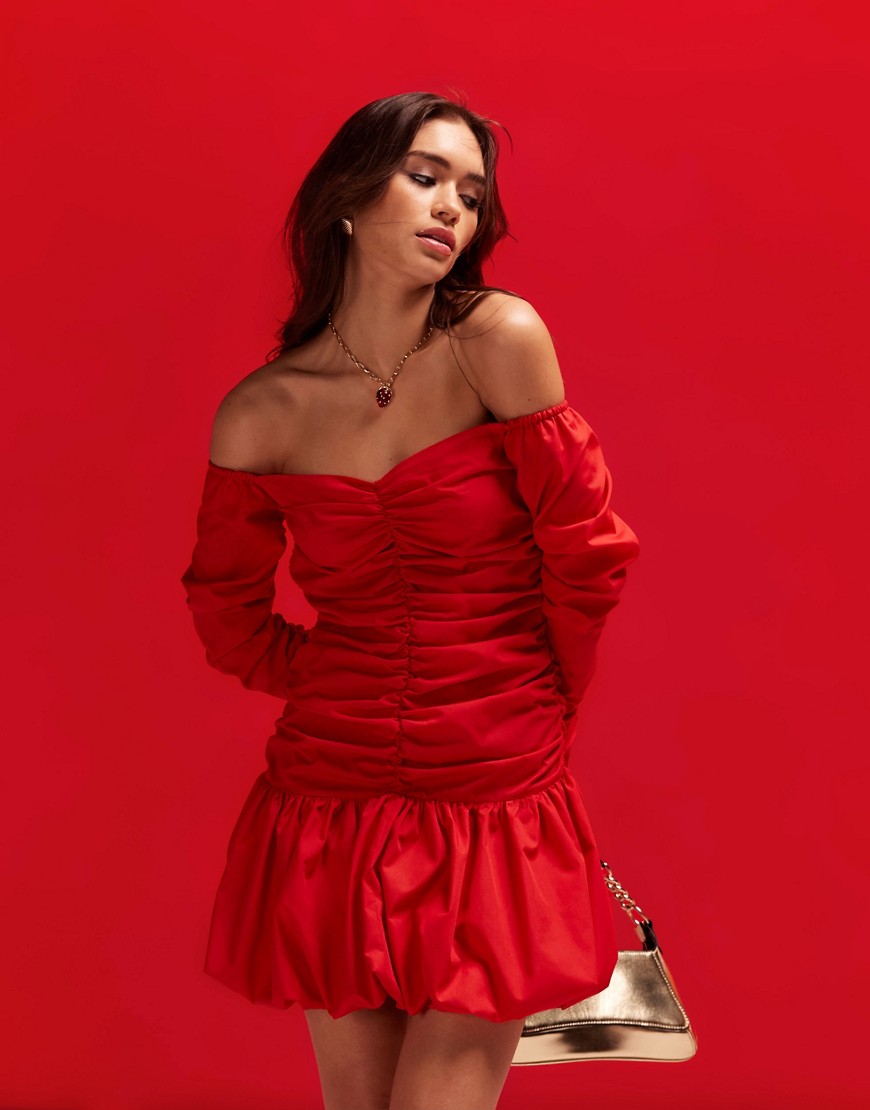 ASOS DESIGN off the shoulder mini ruched bodice dress with puffball skirt in red