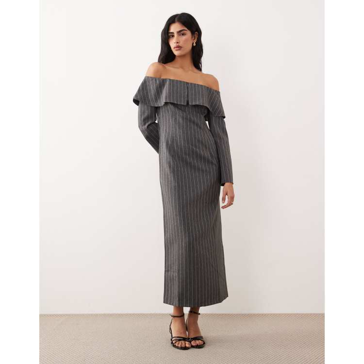 off the shoulder pinstripe dress ASOS DESIGN off-the-shoulder pencil midi dress in gray pinstripe