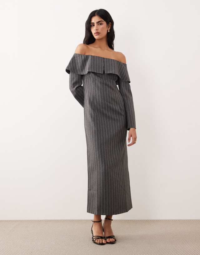 ASOS DESIGN off-the-shoulder pencil midi dress in gray pinstripe
