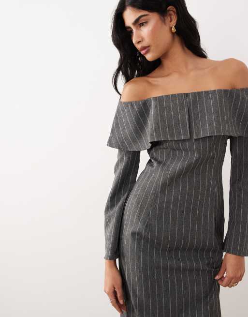 ASOS DESIGN off the shoulder pencil midi dress in grey pinstripe, 2 of 4