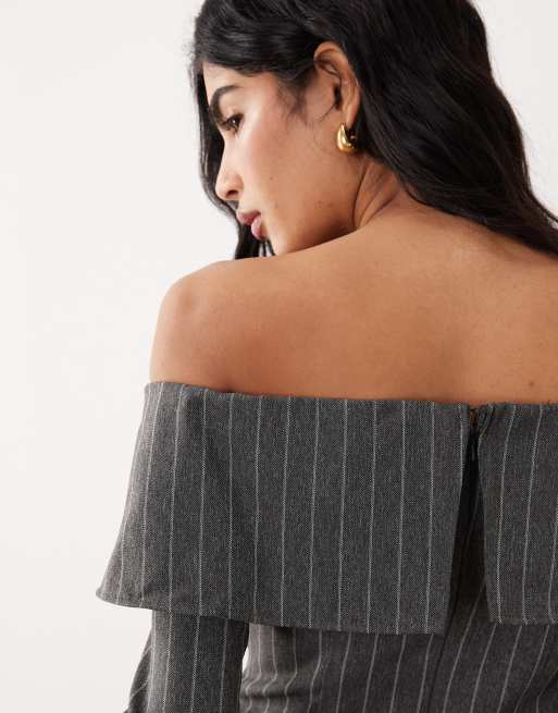 ASOS DESIGN off the shoulder pencil midi dress in grey pinstripe, 4 of 4