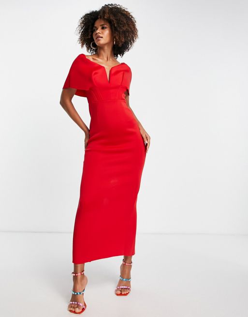 Red High Neck Frill Split Hem Midaxi Dress