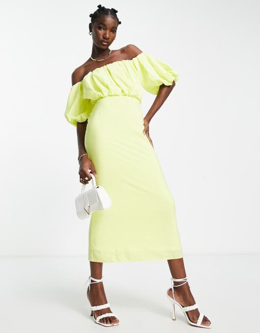 ASOS DESIGN off the shoulder puff detail midi dress in lemon ASOS