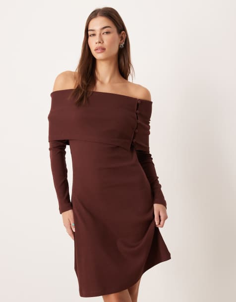 ASOS DESIGN off the shoulder rib knit mini dress with button detailing in chocolate - view 1