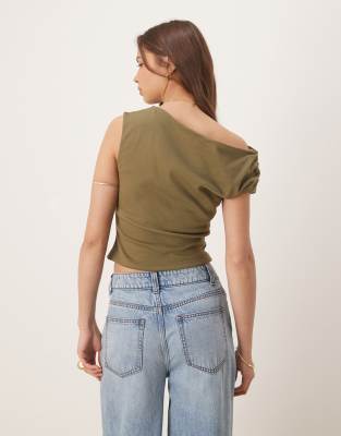Asos Design Off The Shoulder Ruched Baby Tee In Green