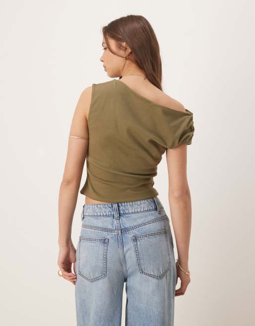 ASOS DESIGN off the shoulder ruched baby tee in khaki green