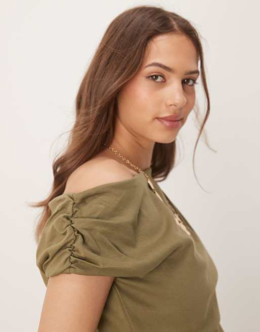 ASOS DESIGN off the shoulder ruched baby tee in khaki green