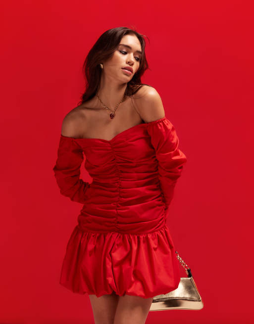 FhyzicsShops DESIGN off-the-shoulder ruched bodice mini dress with puffball skirt in red