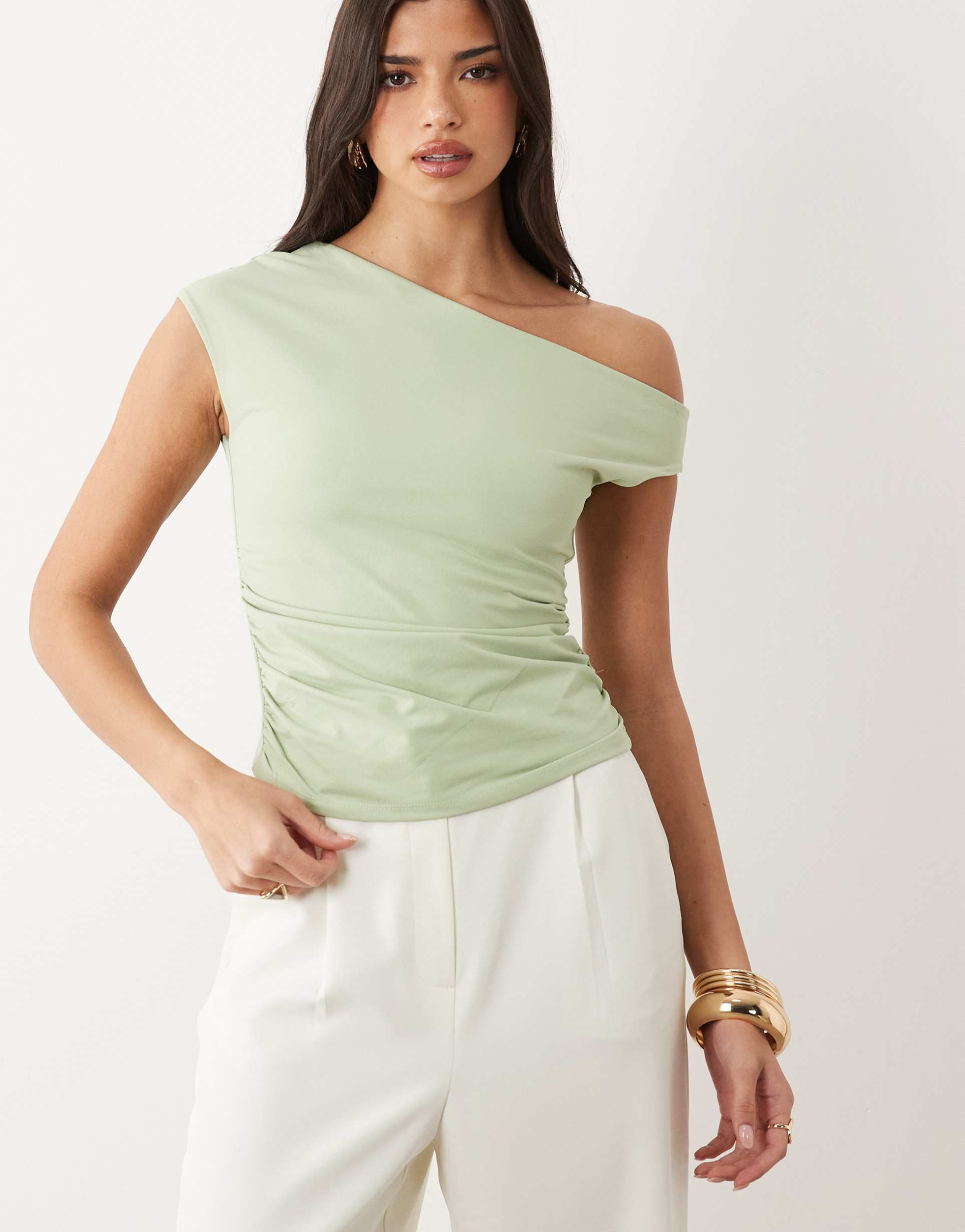 asos design off the shoulder ruched detailing top in sage