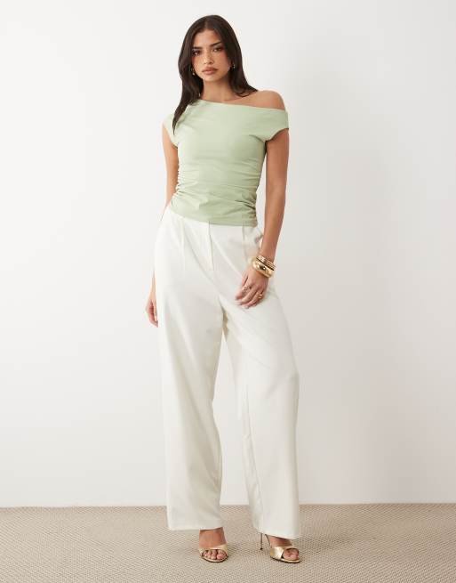 ASOS DESIGN off the shoulder ruched detailing top in sage, 4 of 4