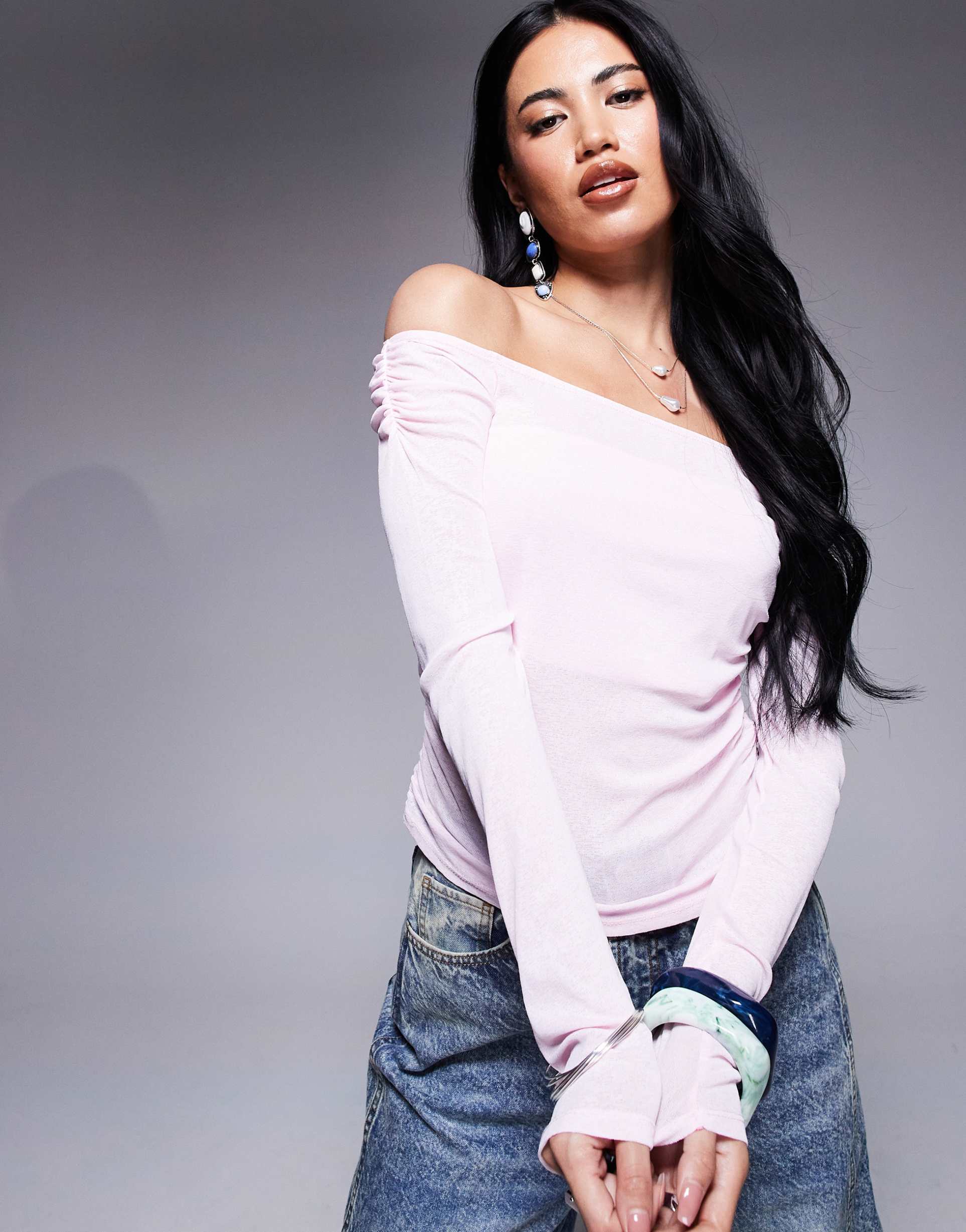 asos design off the shoulder ruched long sleeve top in pastel pink