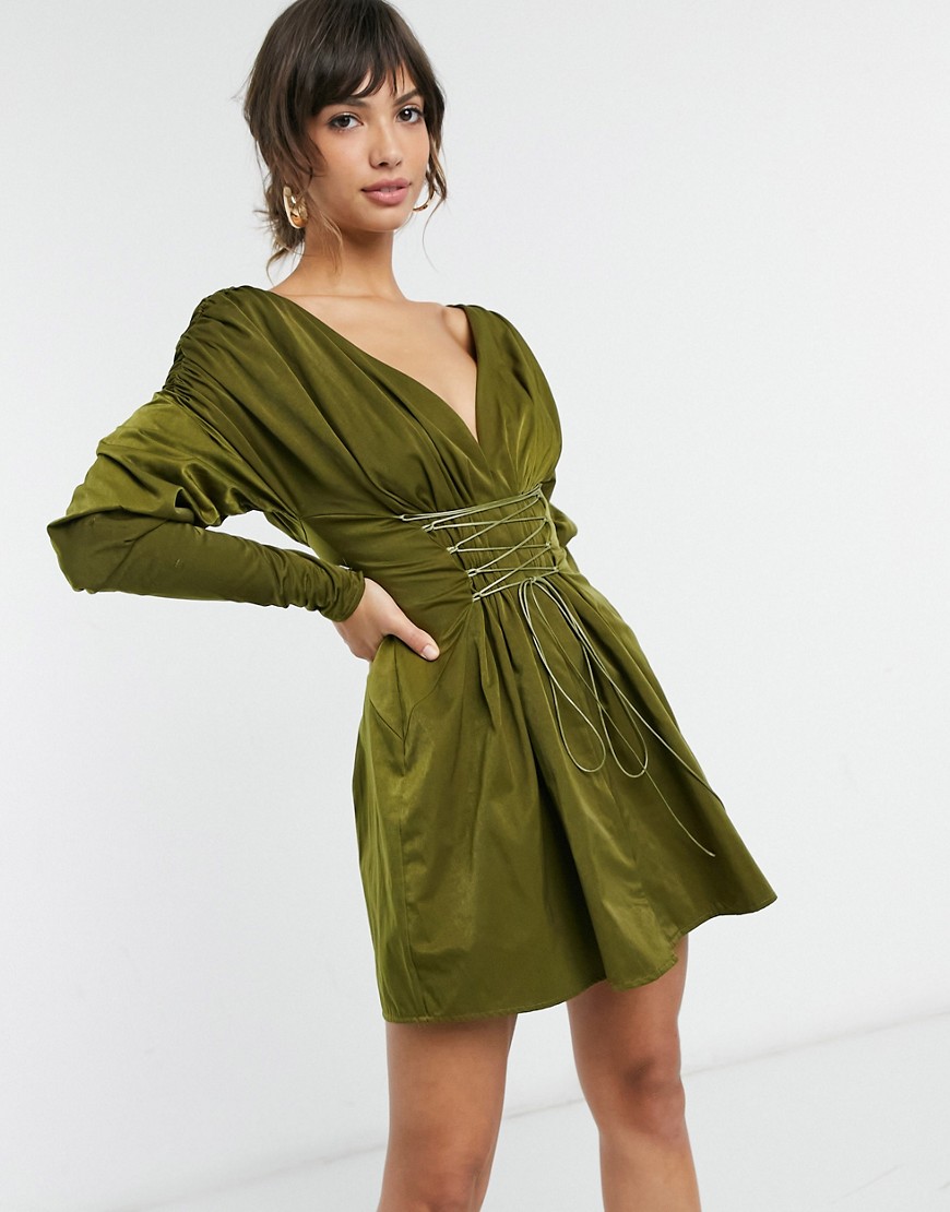 ASOS DESIGN off-the-shoulder ruched mini dress with lace up detail-Green