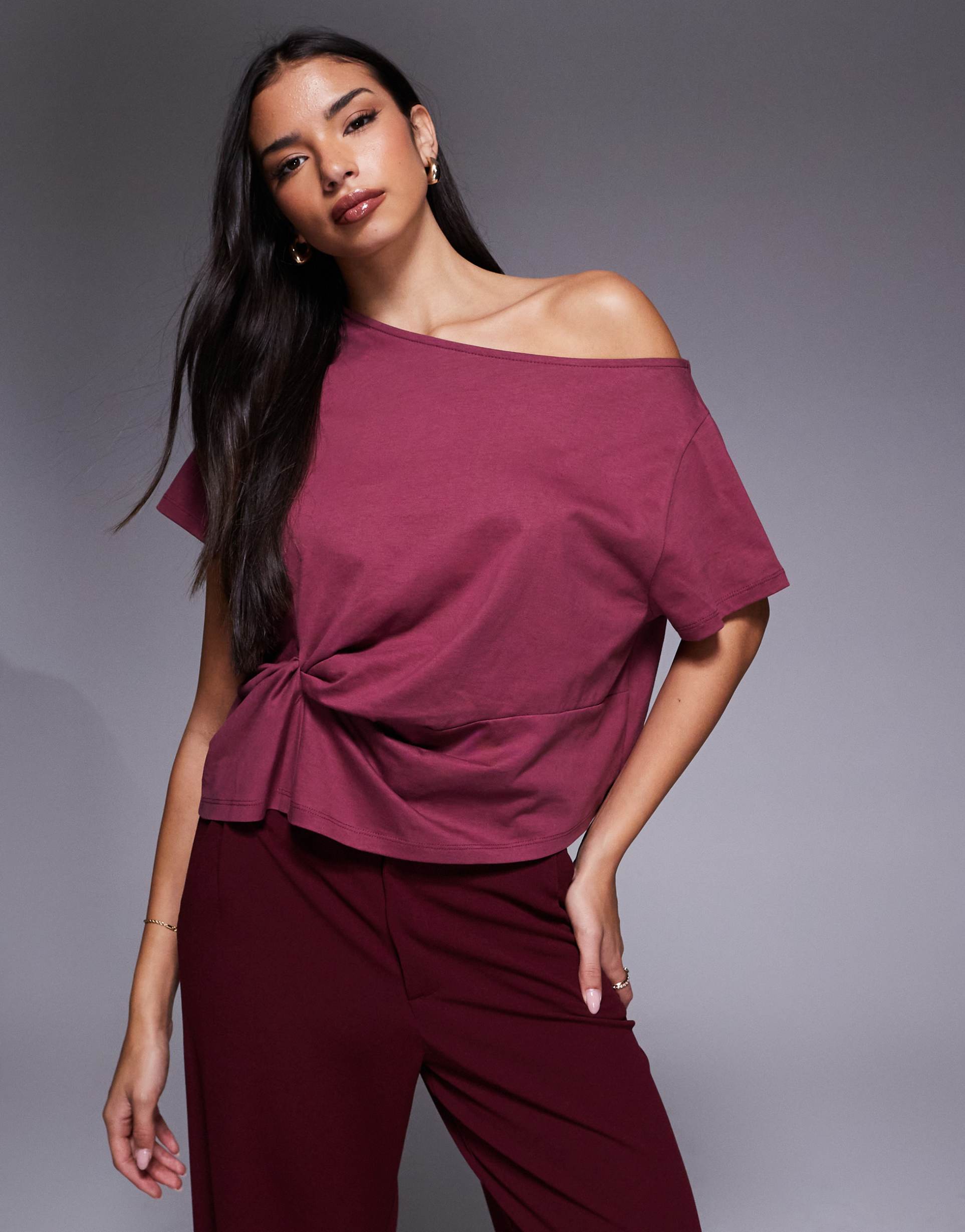 asos design off the shoulder ruched side detail t-shirt in dark rose