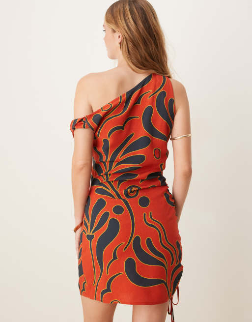 ASOS DESIGN off the shoulder ruched side mini dress in red print, 4 of 4