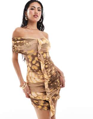 Asos Design Off The Shoulder Ruffle Front Mini Dress In Brown Animal Print-multi