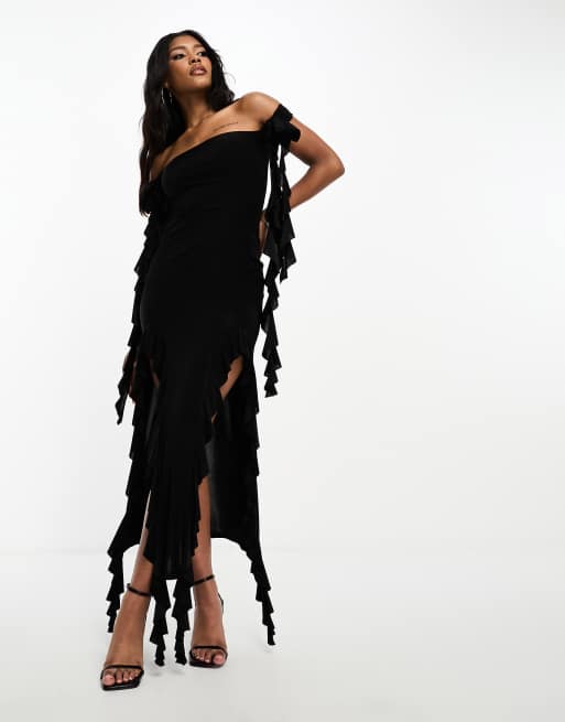 ASOS DESIGN off the shoulder ruffle maxi dress with bow details in black