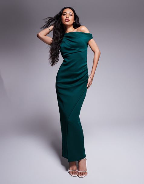 ASOS DESIGN off the shoulder scuba midi dress with side slit in bottle green - view 1