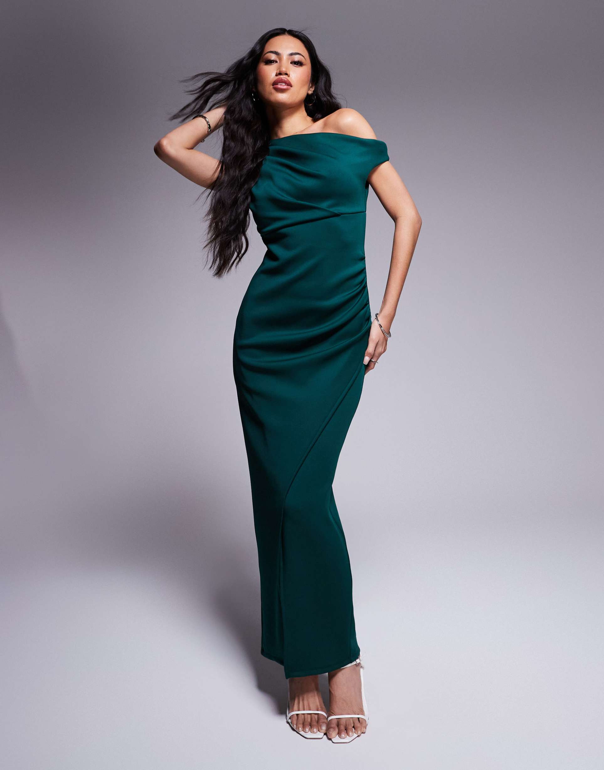 asos design off the shoulder scuba midi dress with side slit in bottle green