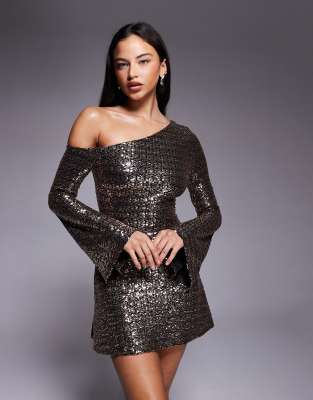 ASOS DESIGN off the shoulder sequin angel sleeve mini dress in gold