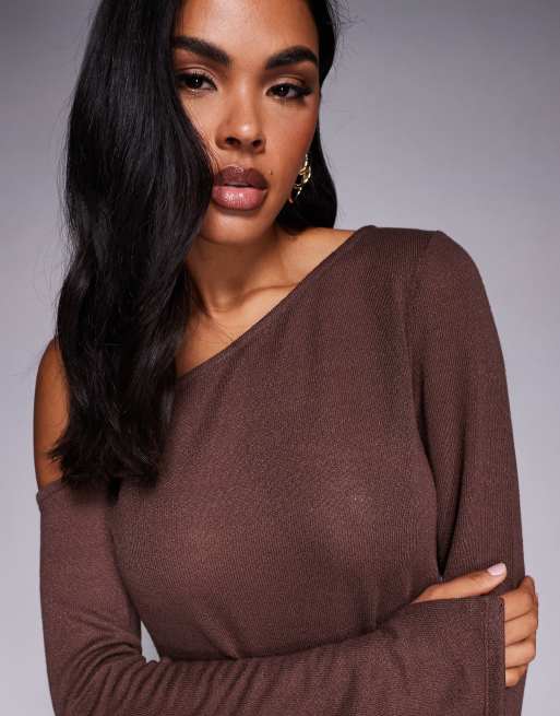 ASOS DESIGN off the shoulder sheer knit-look asymmetric top in chocolate