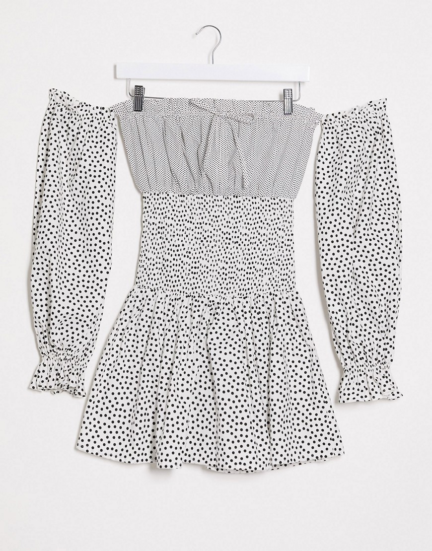 ASOS DESIGN off-the-shoulder shirred mini dress in mixed polka dot-Multi