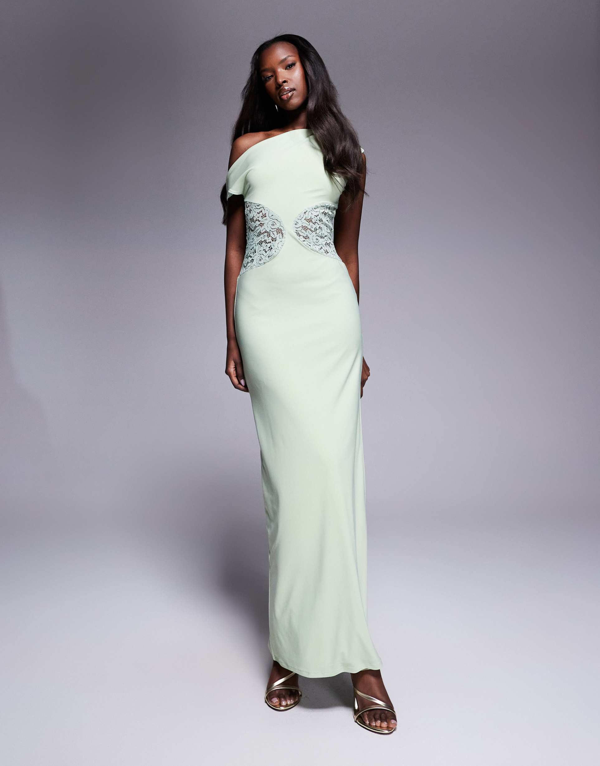 asos design off the shoulder sleeveless lace inserts maxi dress in sage green