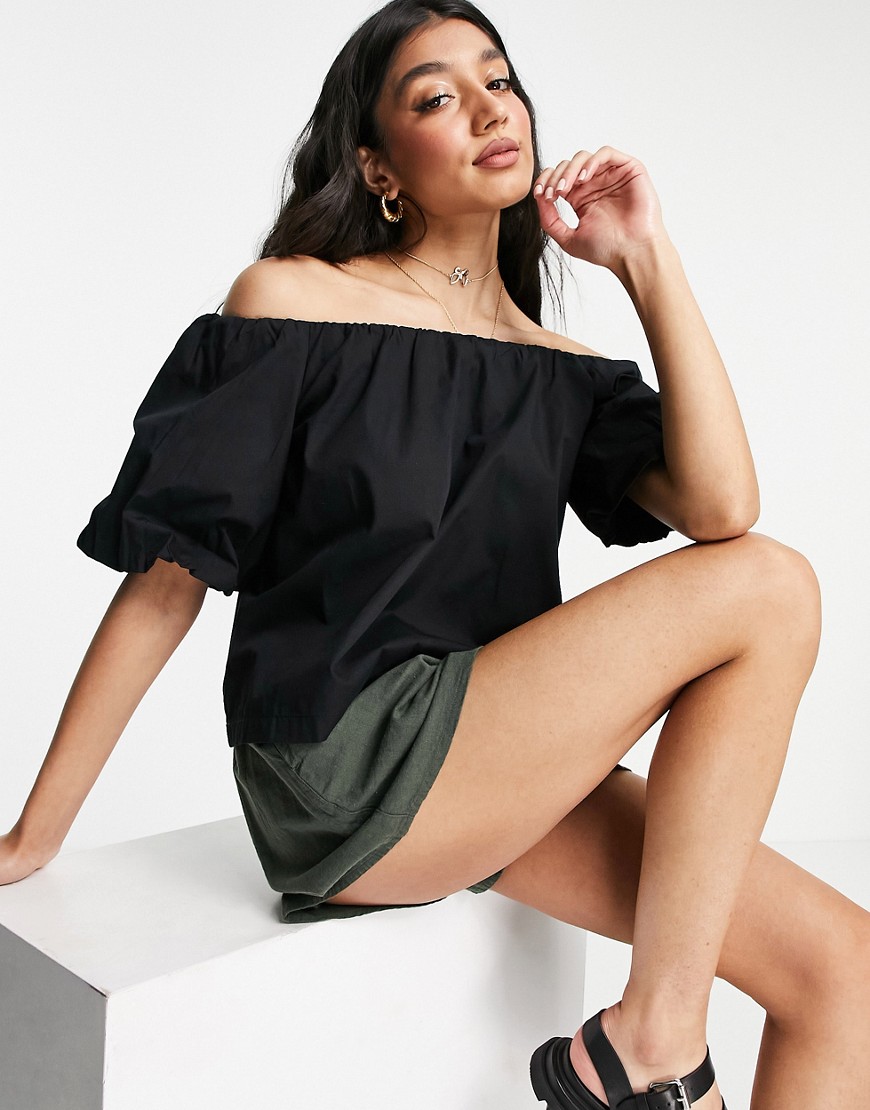 ASOS DESIGN off the shoulder sun top with volume sleeves in black