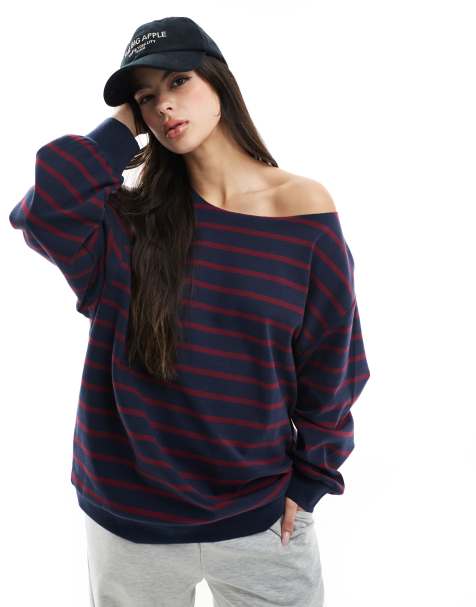 ASOS DESIGN off the shoulder sweatshirt in burgundy and navy stripe design - view 1