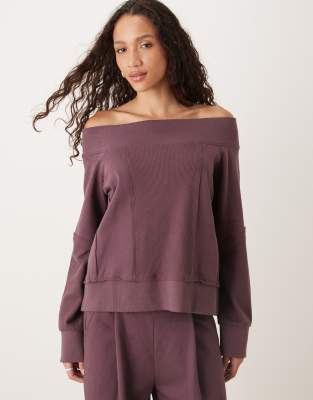 Asos Design Off The Shoulder Sweatshirt With Waffle Knit Panel Detailing In Purple