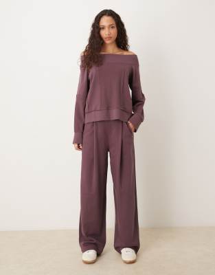Asos Design Off The Shoulder Sweatshirt With Waffle Knit Panel Detailing In Purple