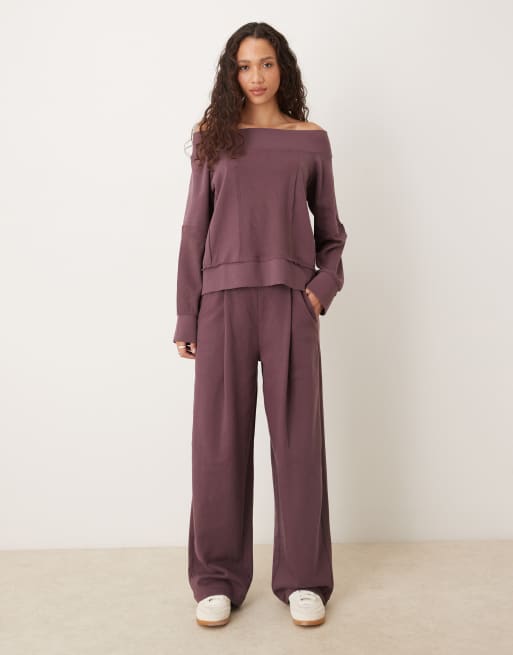 ASOS DESIGN off the shoulder sweatshirt with waffle knit panel detailing in plum - part of a set, 2 of 4