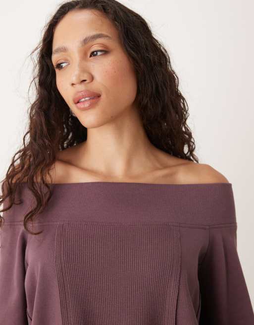 ASOS DESIGN off the shoulder sweatshirt with waffle knit panel detailing in plum - part of a set, 3 of 4