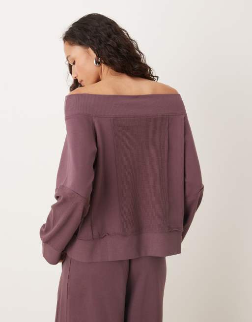 ASOS DESIGN off the shoulder sweatshirt with waffle knit panel detailing in plum - part of a set, 4 of 4