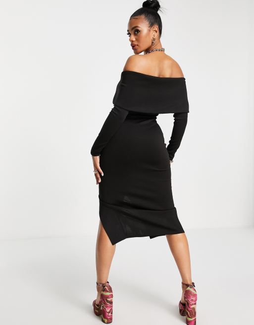 ASOS DESIGN off the shoulder sweetheart midi dress with button detail in  black