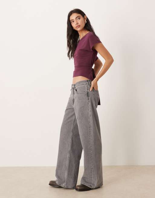 ASOS DESIGN off the shoulder tee with waist tie detail in plum