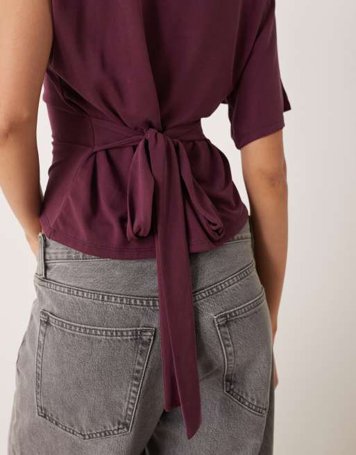 ASOS DESIGN off the shoulder tee with waist tie detail in plum