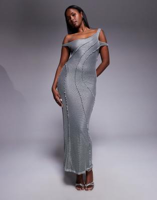 Asos Design Off The Shoulder Textured Maxi Dress With Seam Detailing In Silver