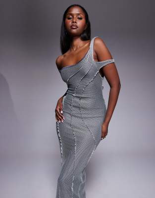 Asos Design Off The Shoulder Textured Maxi Dress With Seam Detailing In Silver