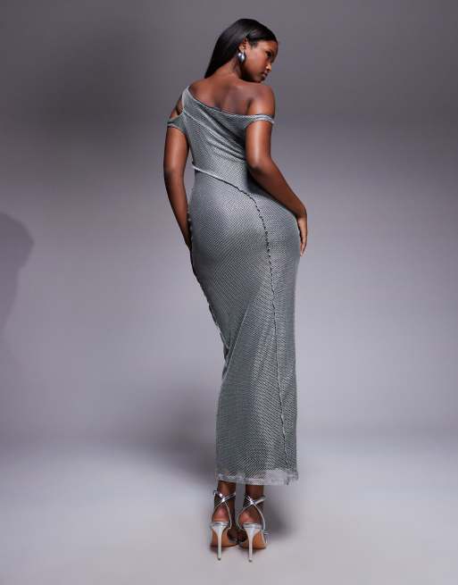ASOS DESIGN off the shoulder textured maxi dress with seam detailing in silver