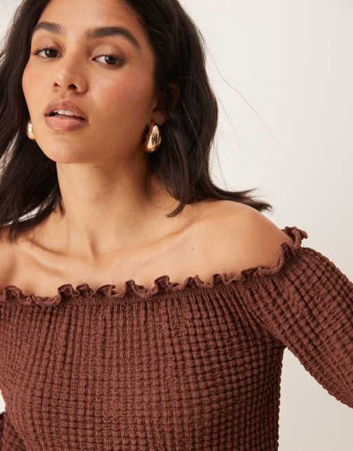 ASOS DESIGN off the shoulder textured top with mini frills in brown - part of a set, 2 of 4