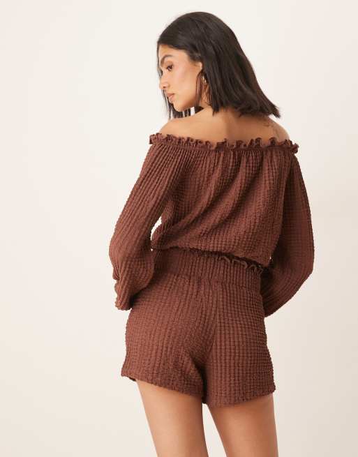 ASOS DESIGN off the shoulder textured top with mini frills in brown - part of a set, 3 of 4